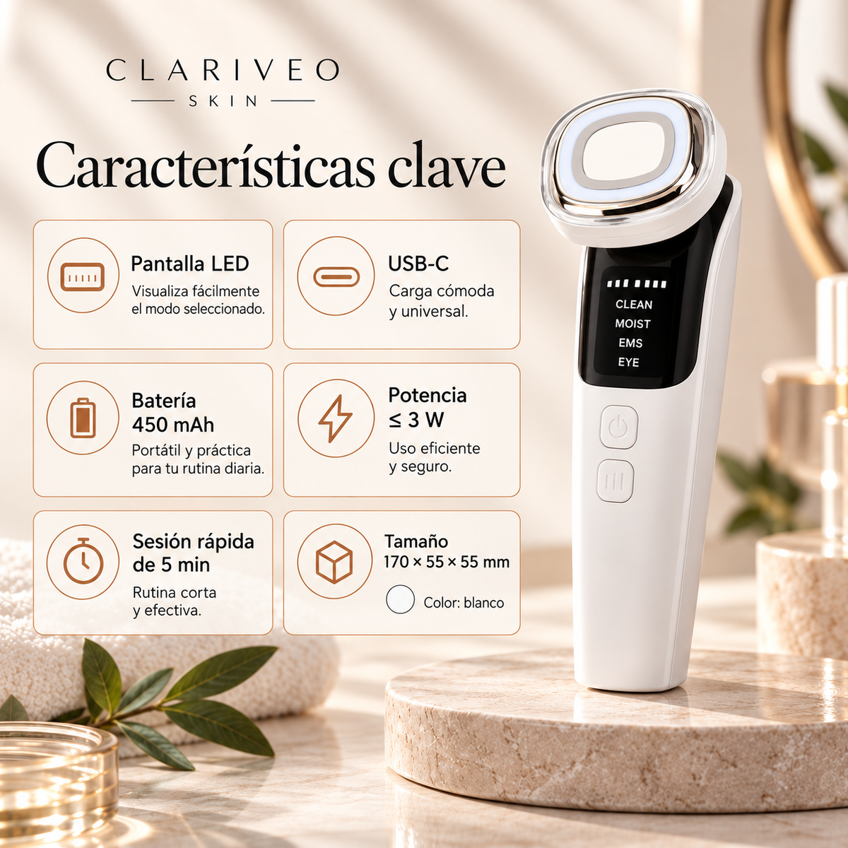 Masajeador Facial EMS con Luz LED | CLARIVEO SKIN